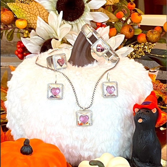 Brighton OPEN HEARTED Pink Crystal Heart Necklace Bracelet Earrings & Ring set - Picture 3 of 16